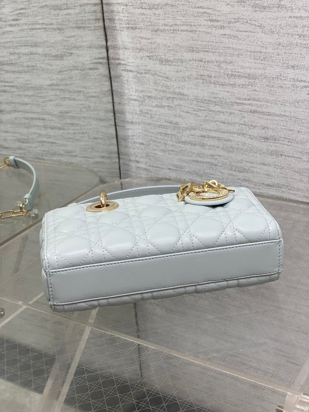 DIOR 25S SMALL LADY D‑JOY BAG 22 IN SHIRT BLUE CALFSKIN GOLD HARDWARE