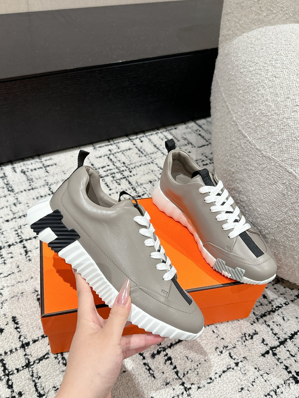 HERMES BOUNCING SNEAKER IN KHAKI BEIGE CALFSKIN