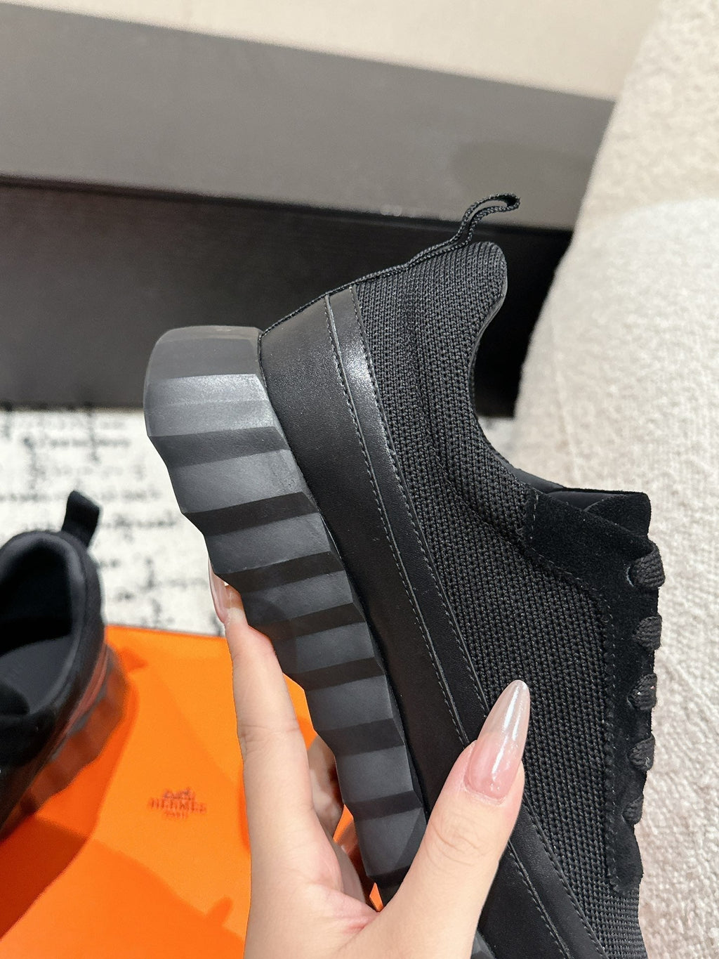 HERMES BOUNCING SNEAKER IN BLACK CALFSKIN AND FABRIC