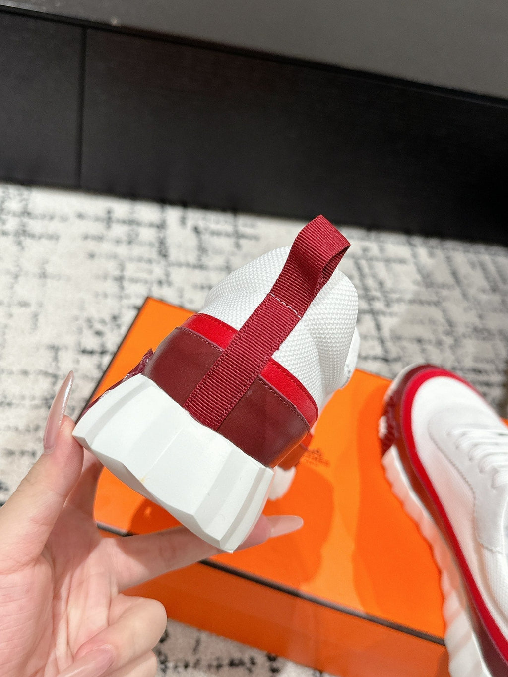 HERMES BOUNCING SNEAKER IN WINE RED CALFSKIN AND WHITE FABRIC