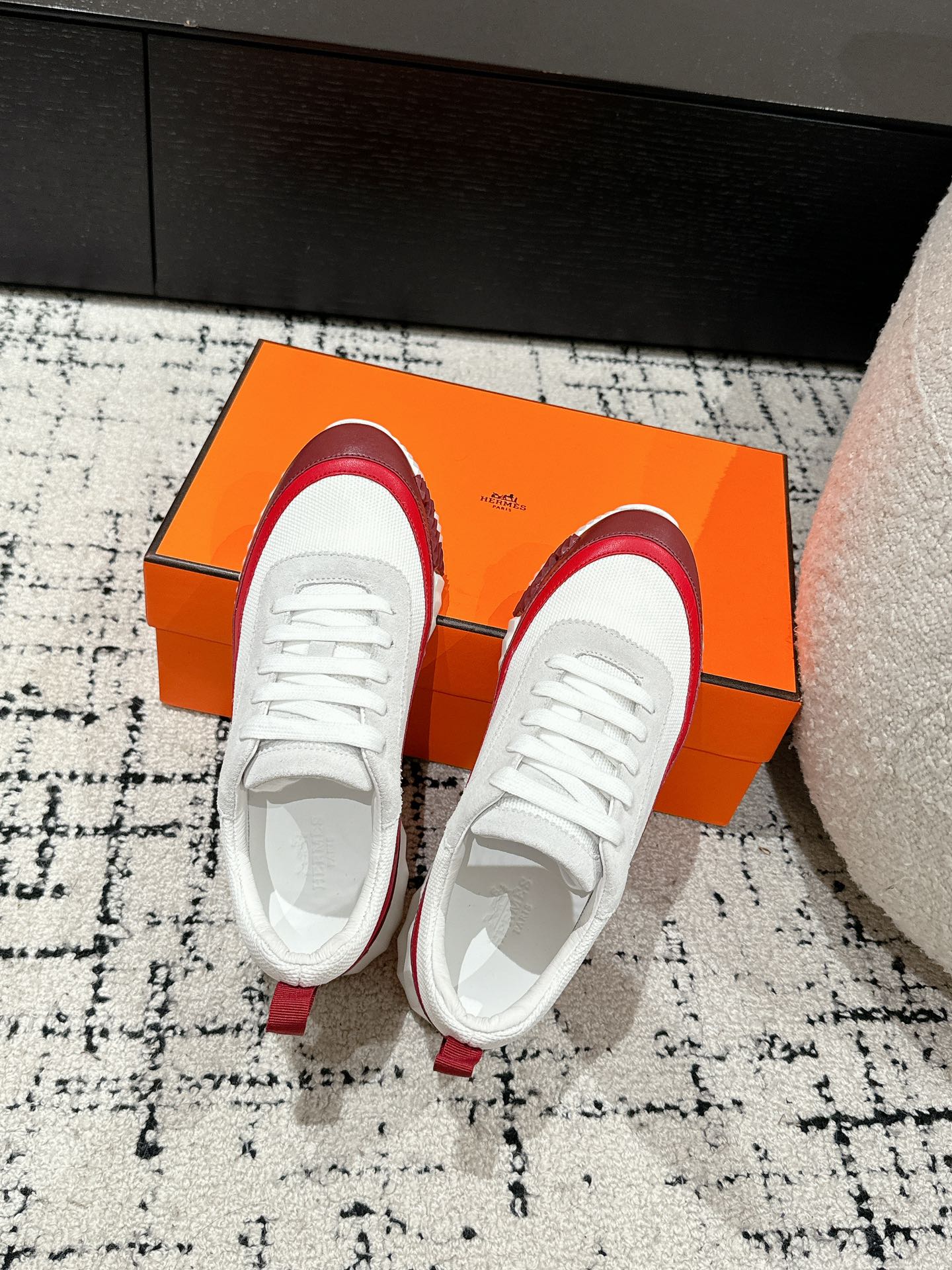 HERMES BOUNCING SNEAKER IN WINE RED CALFSKIN AND WHITE FABRIC