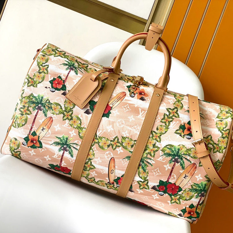 LOUIS VUITTON KEEPALL BANDOULIÈRE 50 IN SAND TROPICAL MOTIFS MONOGRAM SURFIN CANVAS