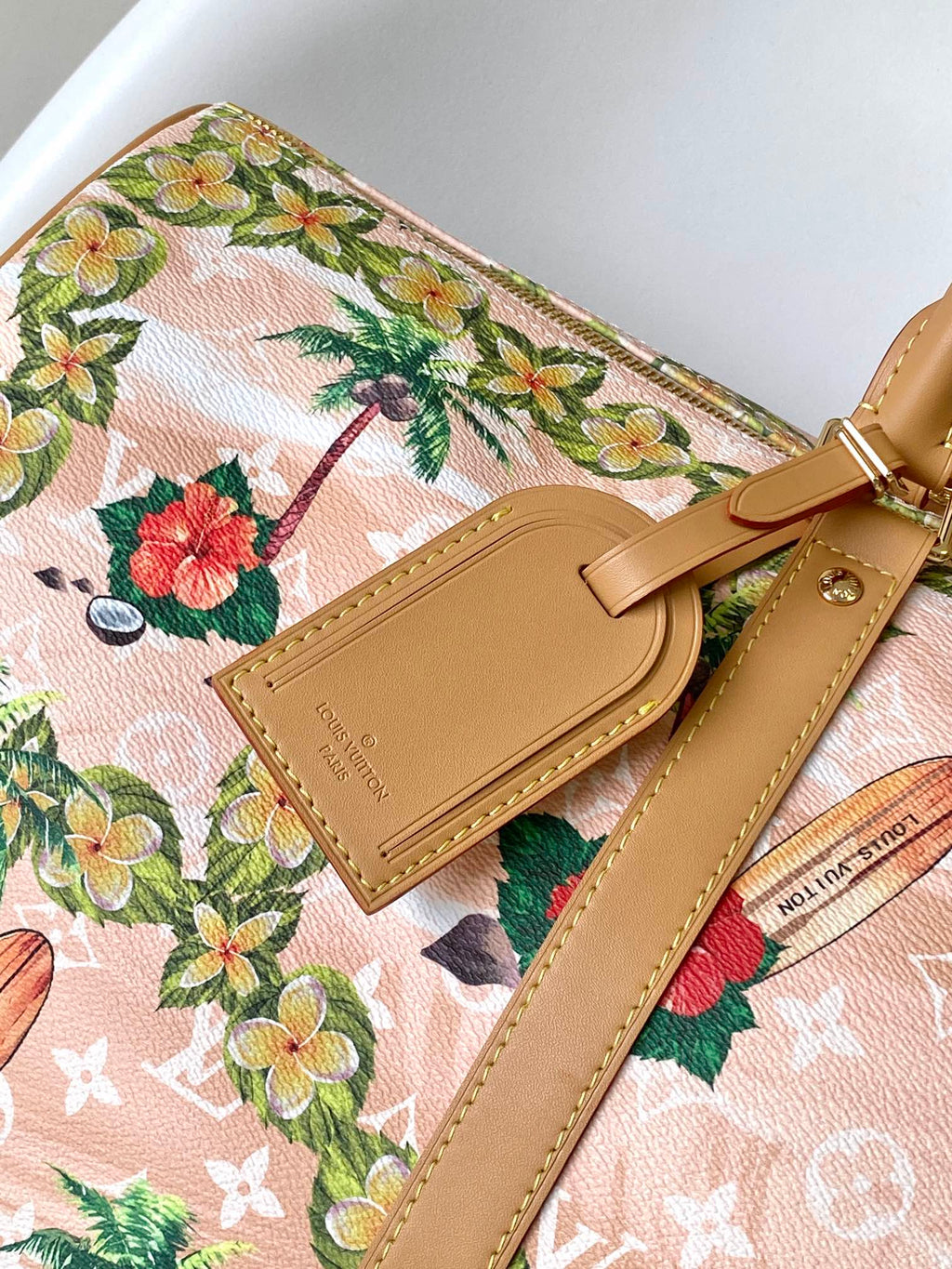 LOUIS VUITTON KEEPALL BANDOULIÈRE 50 IN SAND TROPICAL MOTIFS MONOGRAM SURFIN CANVAS