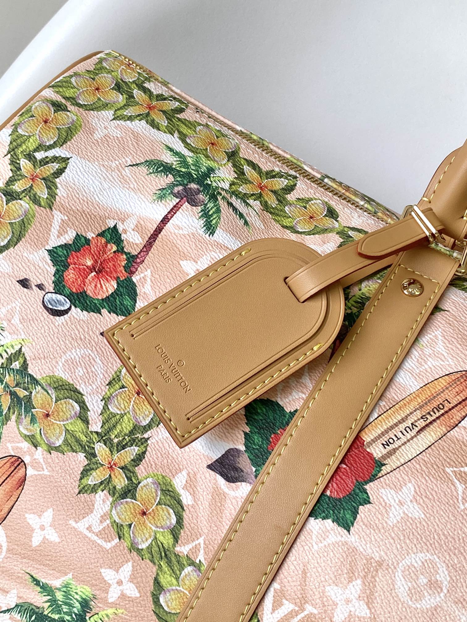 LOUIS VUITTON KEEPALL BANDOULIÈRE 50 IN SAND TROPICAL MOTIFS MONOGRAM SURFIN CANVAS