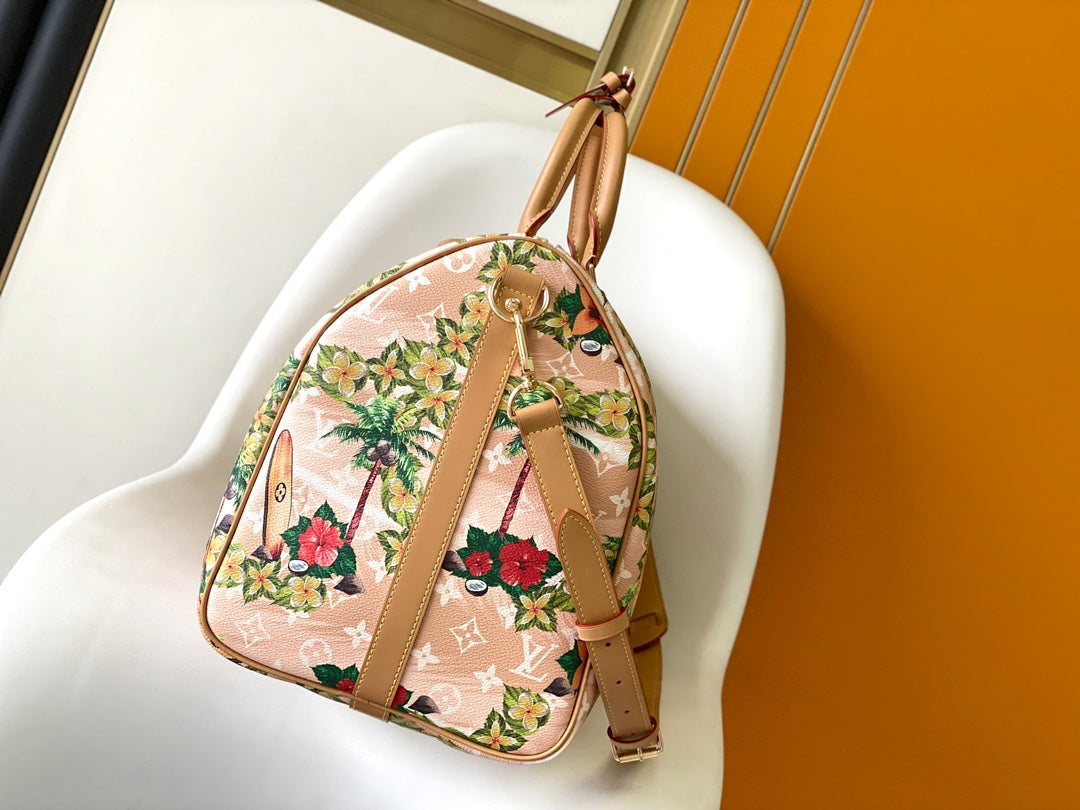 LOUIS VUITTON KEEPALL BANDOULIÈRE 50 IN SAND TROPICAL MOTIFS MONOGRAM SURFIN CANVAS