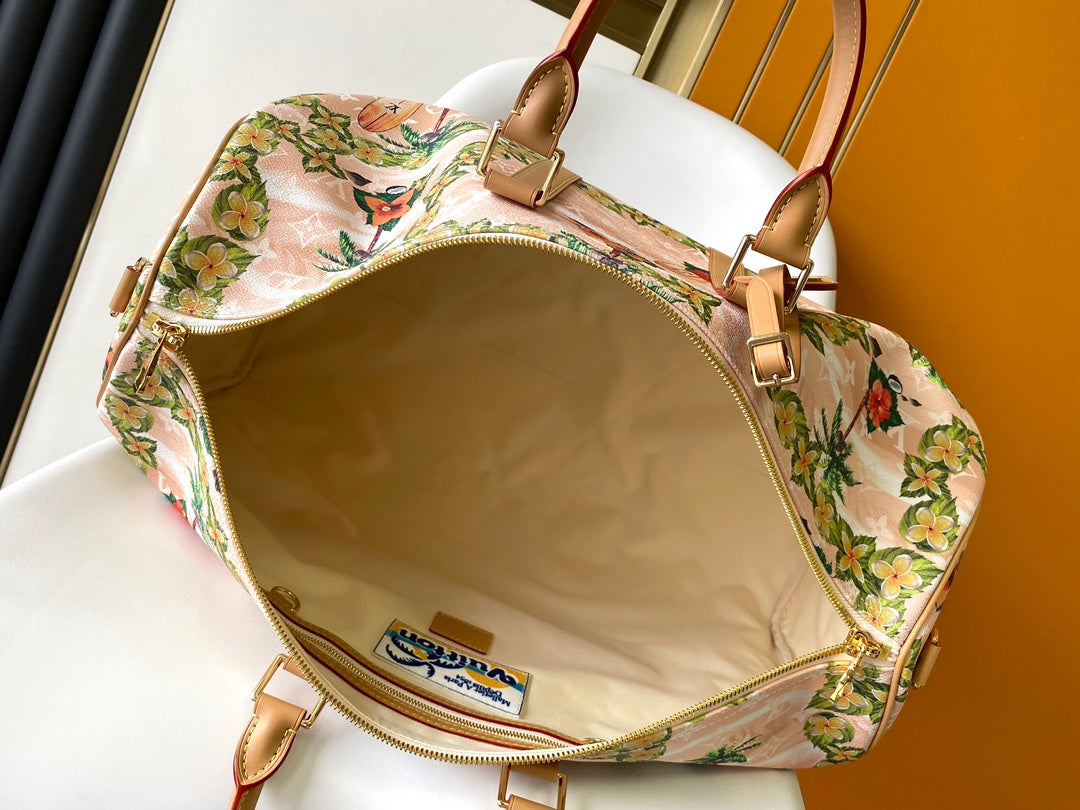 LOUIS VUITTON KEEPALL BANDOULIÈRE 50 IN SAND TROPICAL MOTIFS MONOGRAM SURFIN CANVAS