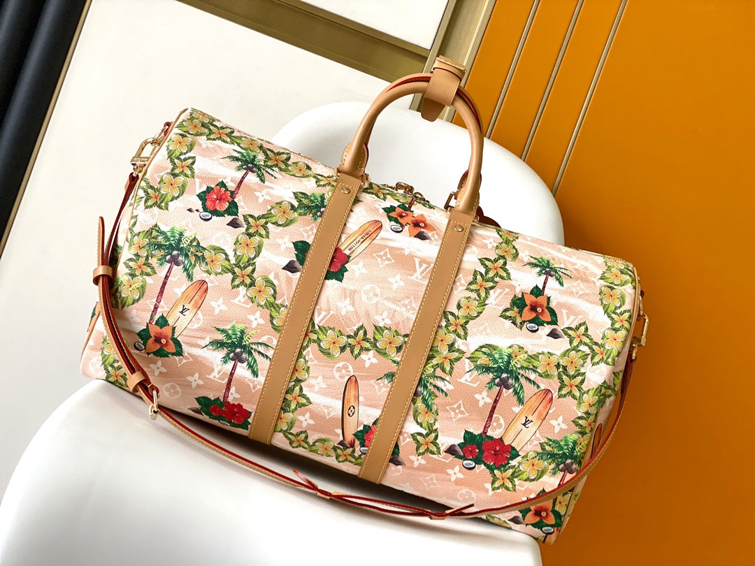 LOUIS VUITTON KEEPALL BANDOULIÈRE 50 IN SAND TROPICAL MOTIFS MONOGRAM SURFIN CANVAS