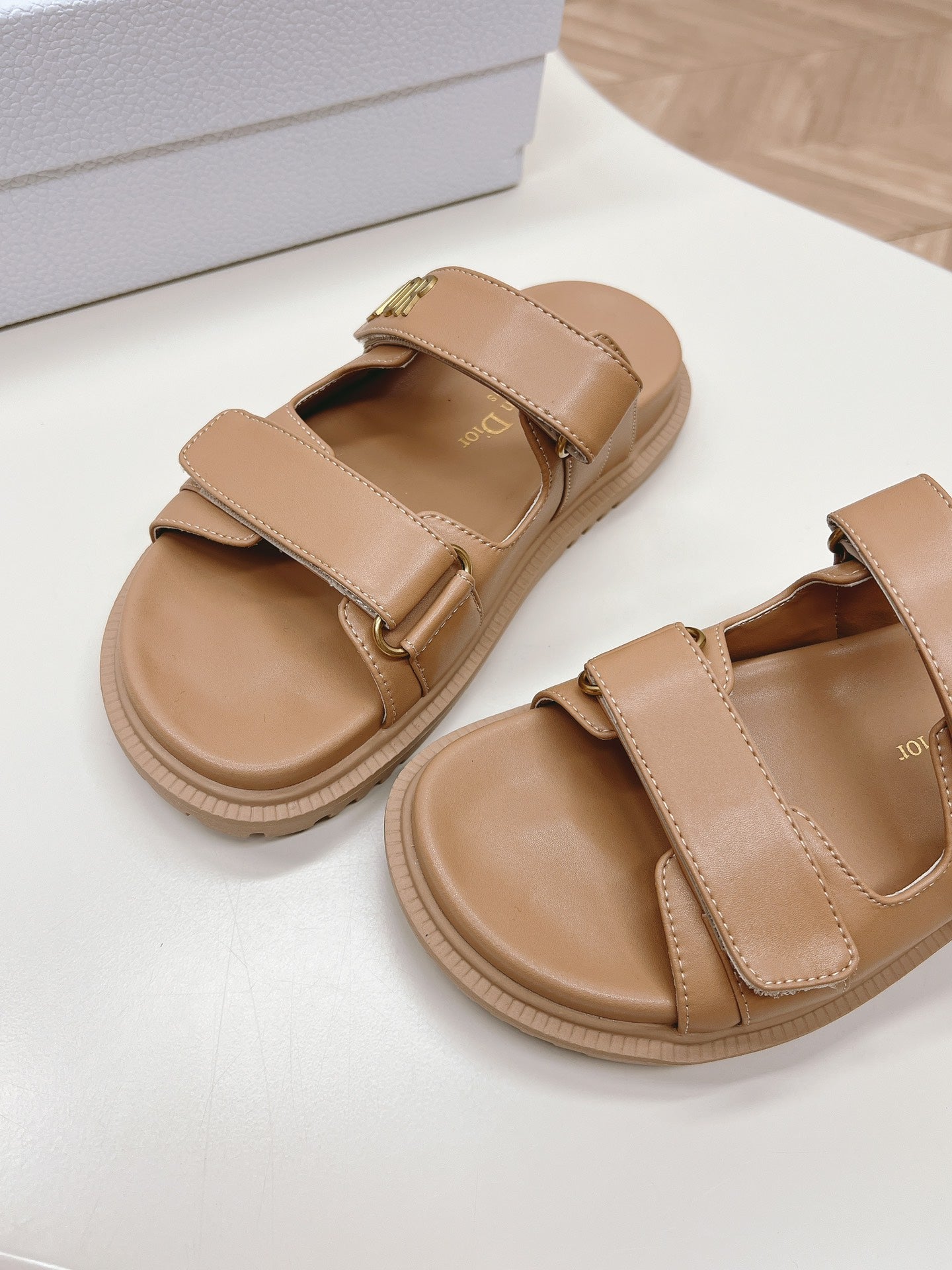 DIOR CLASSIC DOUBLE-STRAP SLIDES 25S IN LIGHT BROWN CALFSKIN