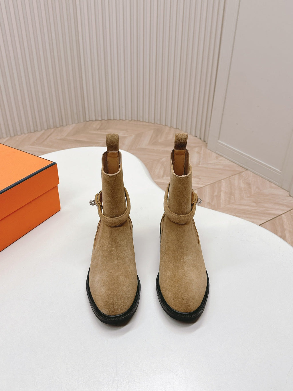 HERMES KELLY BUCKLE SHORT BOOTS IN PEANUT BROWN SUEDE