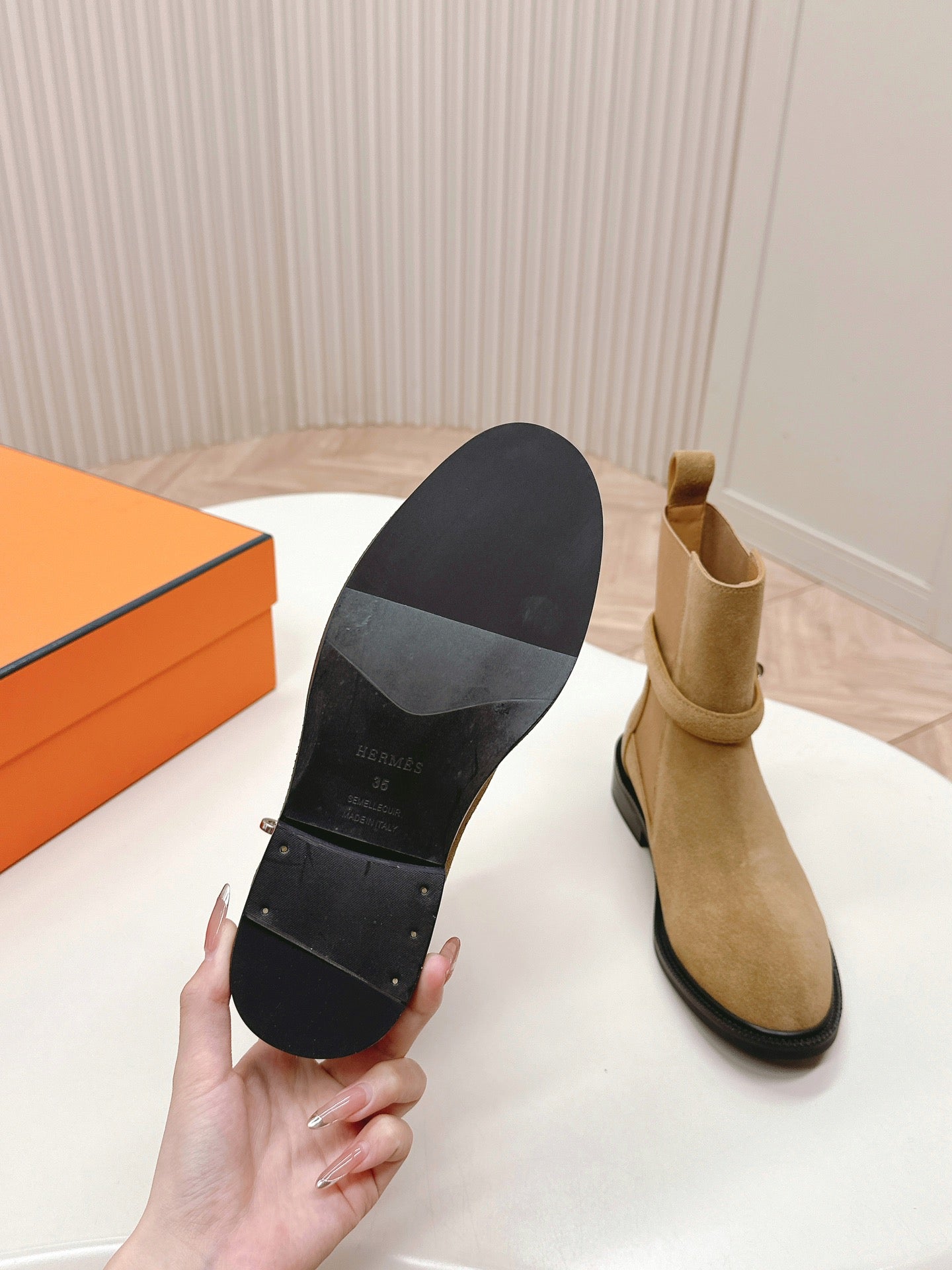 HERMES KELLY BUCKLE SHORT BOOTS IN PEANUT BROWN SUEDE