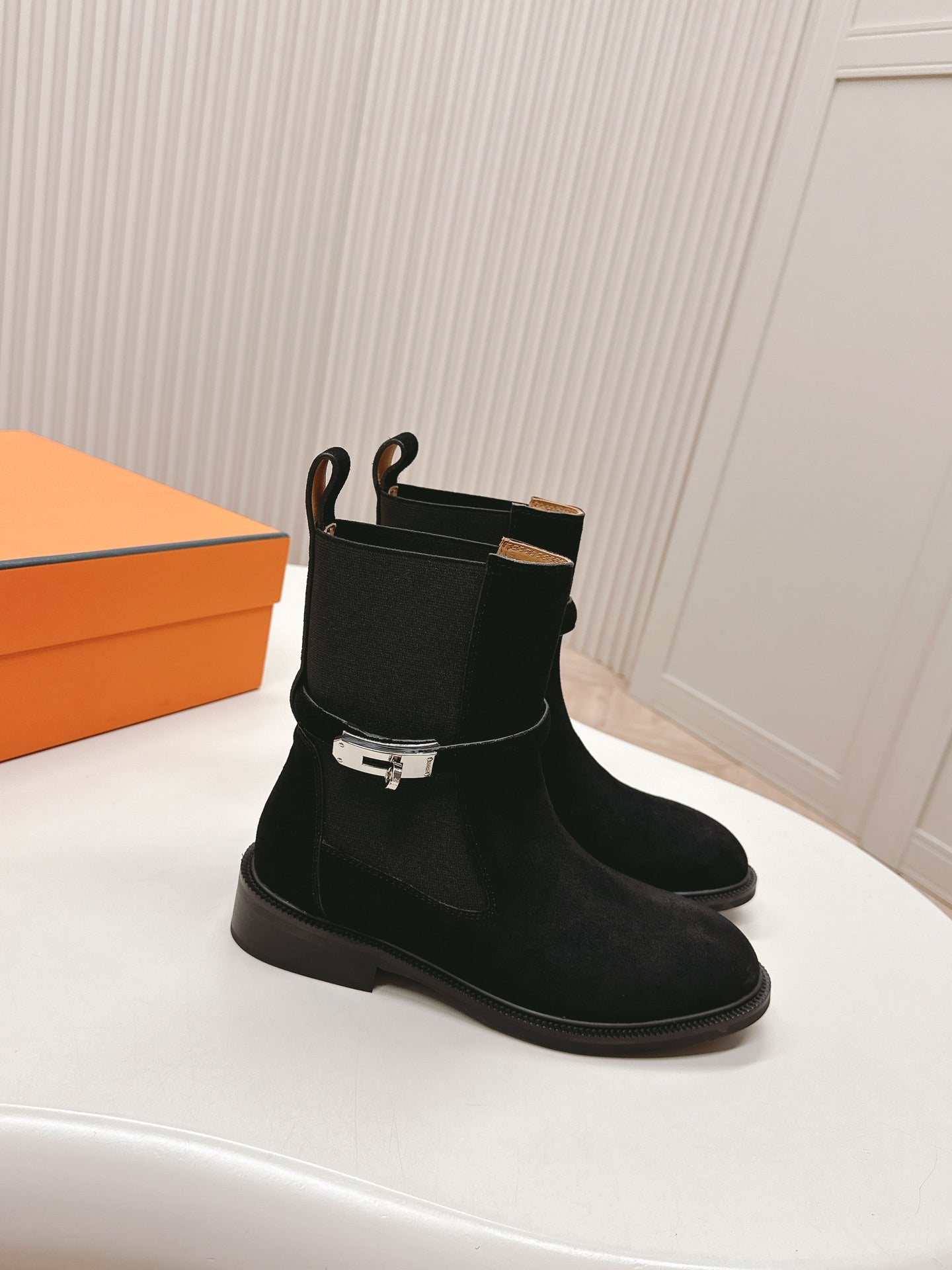 HERMES KELLY BUCKLE SHORT BOOTS IN BLACK SUEDE