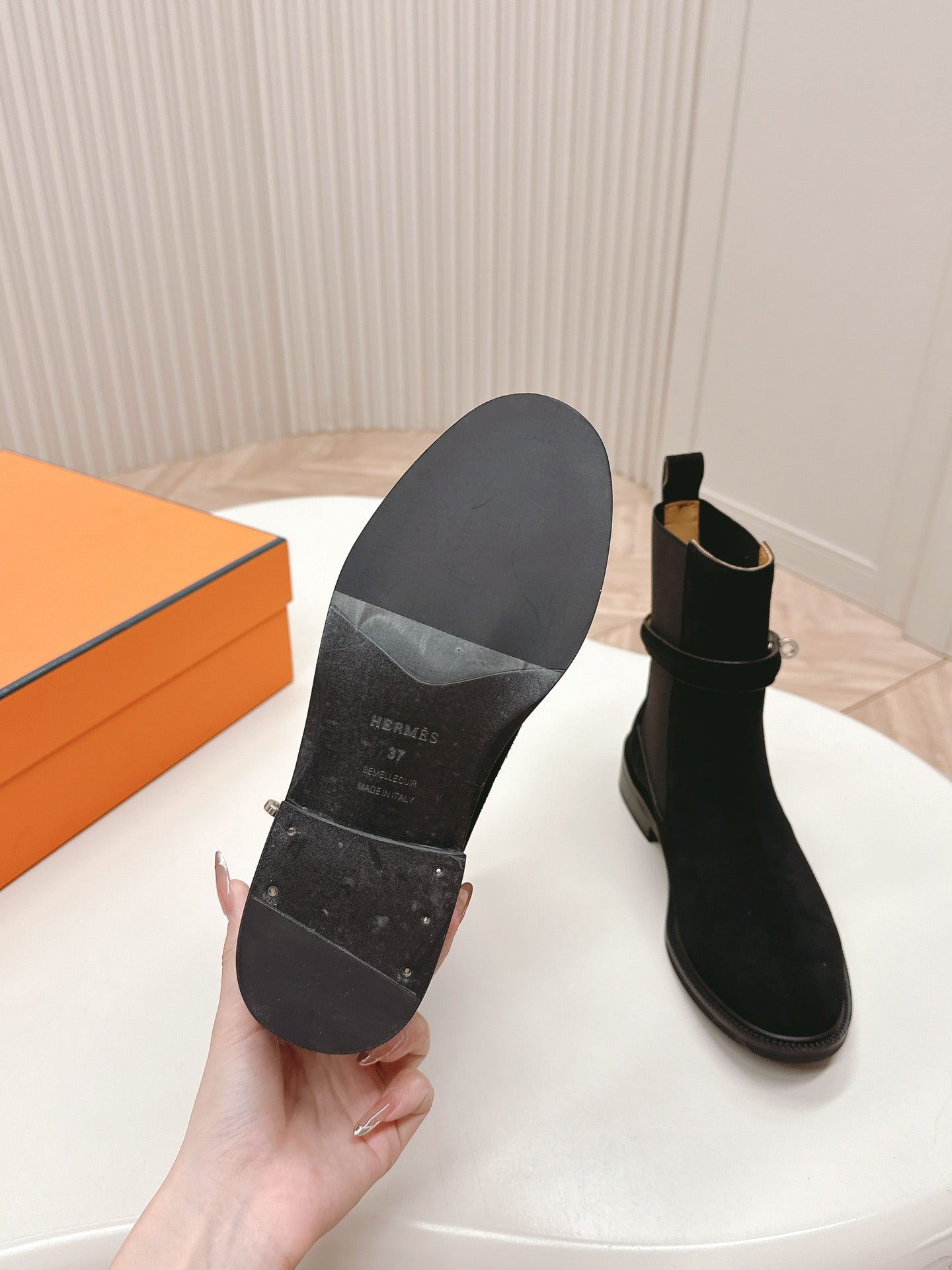 HERMES KELLY BUCKLE SHORT BOOTS IN BLACK SUEDE