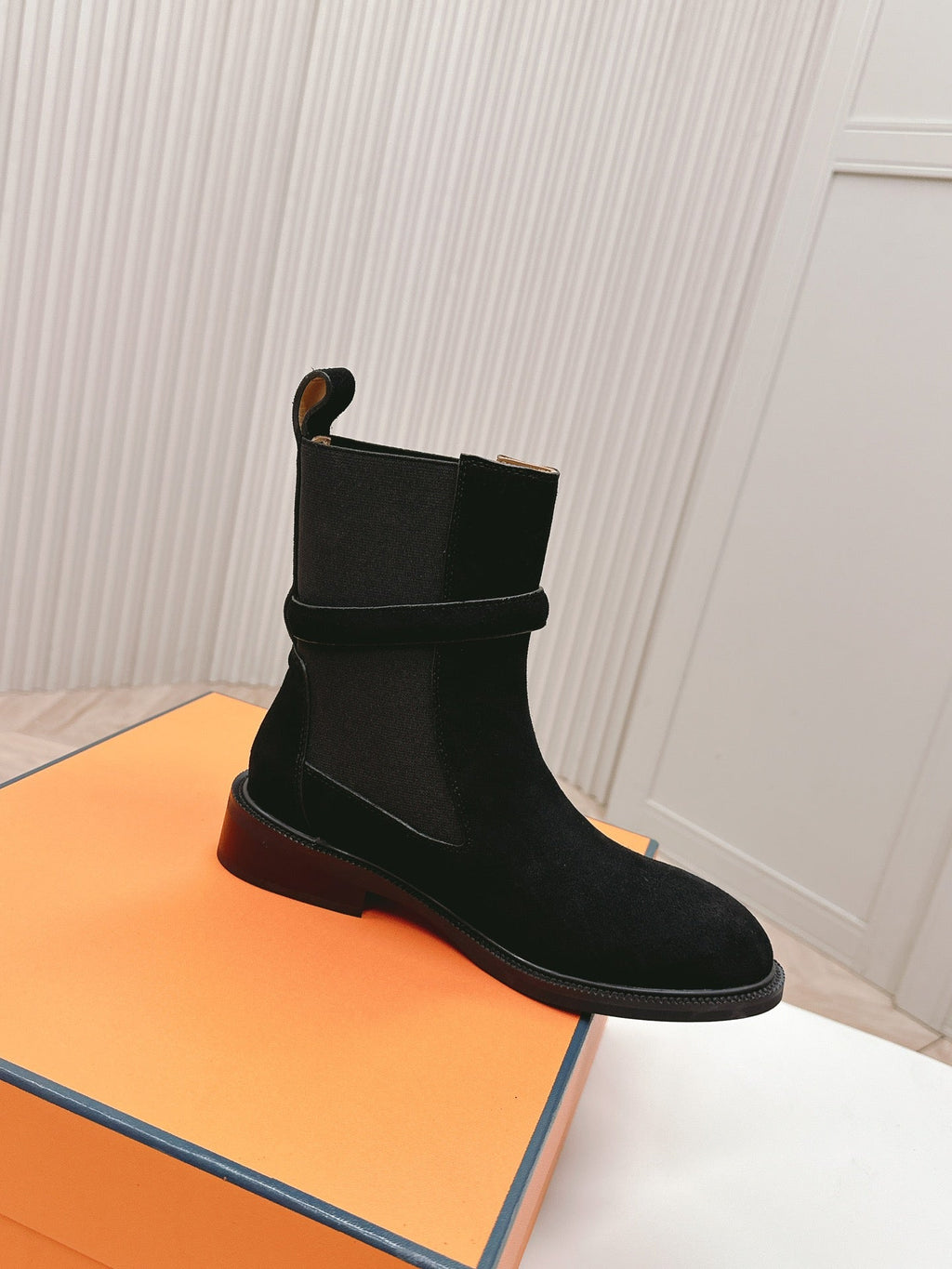 HERMES KELLY BUCKLE SHORT BOOTS IN BLACK SUEDE