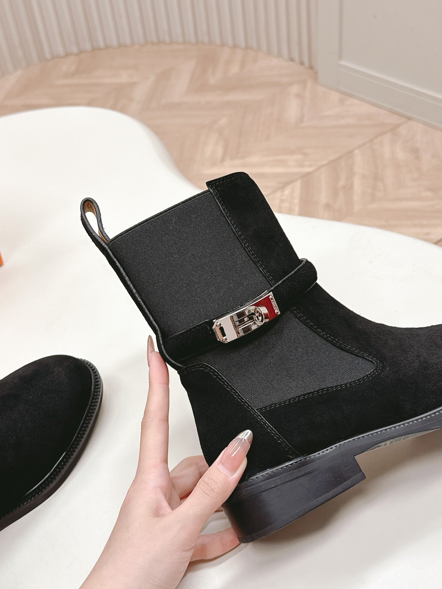 HERMES KELLY BUCKLE SHORT BOOTS IN BLACK SUEDE
