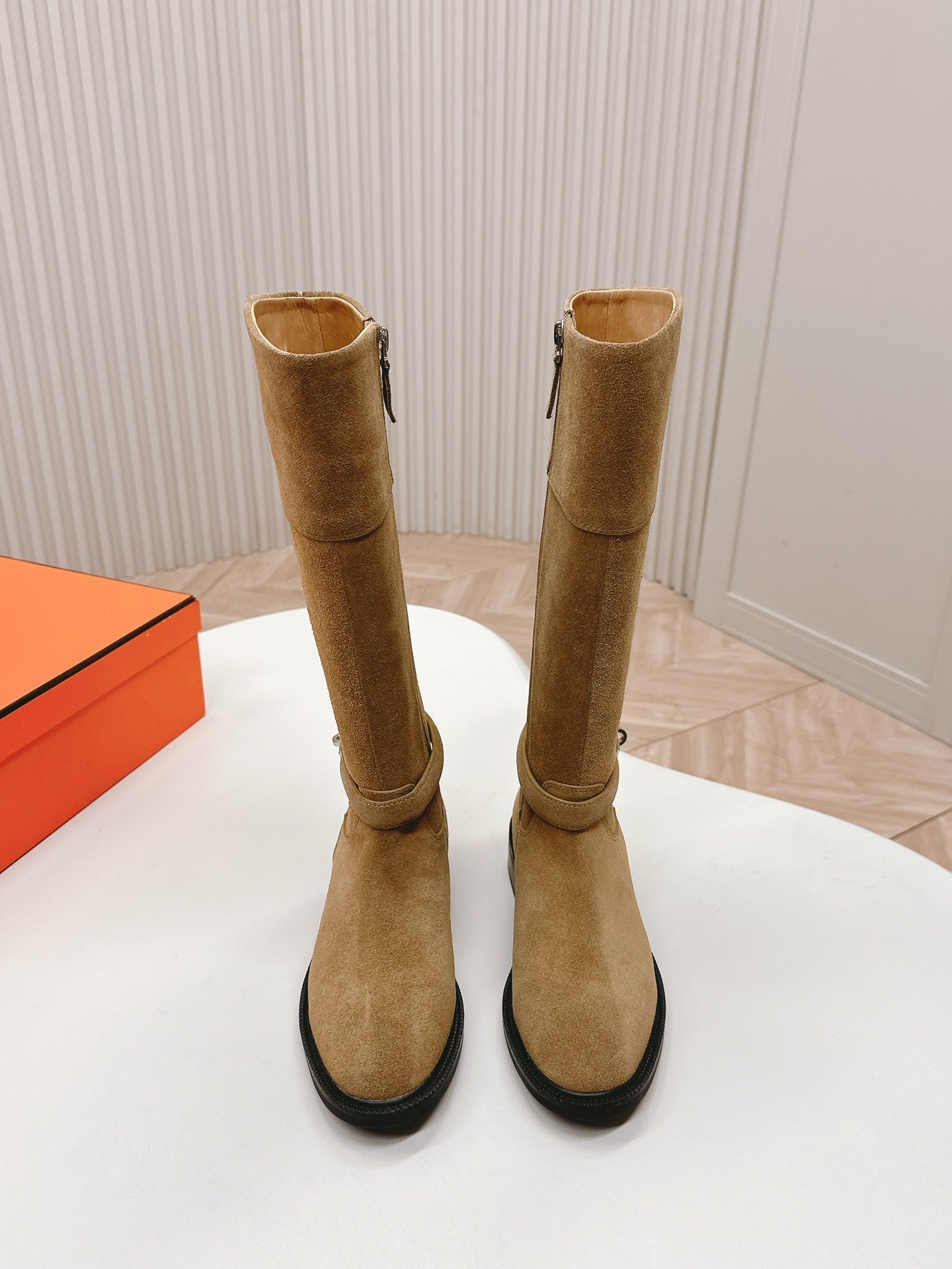 HERMES KNEE HIGH BOOTS IN CIDER BROWN SUEDE WITH SILVER BUCKLE