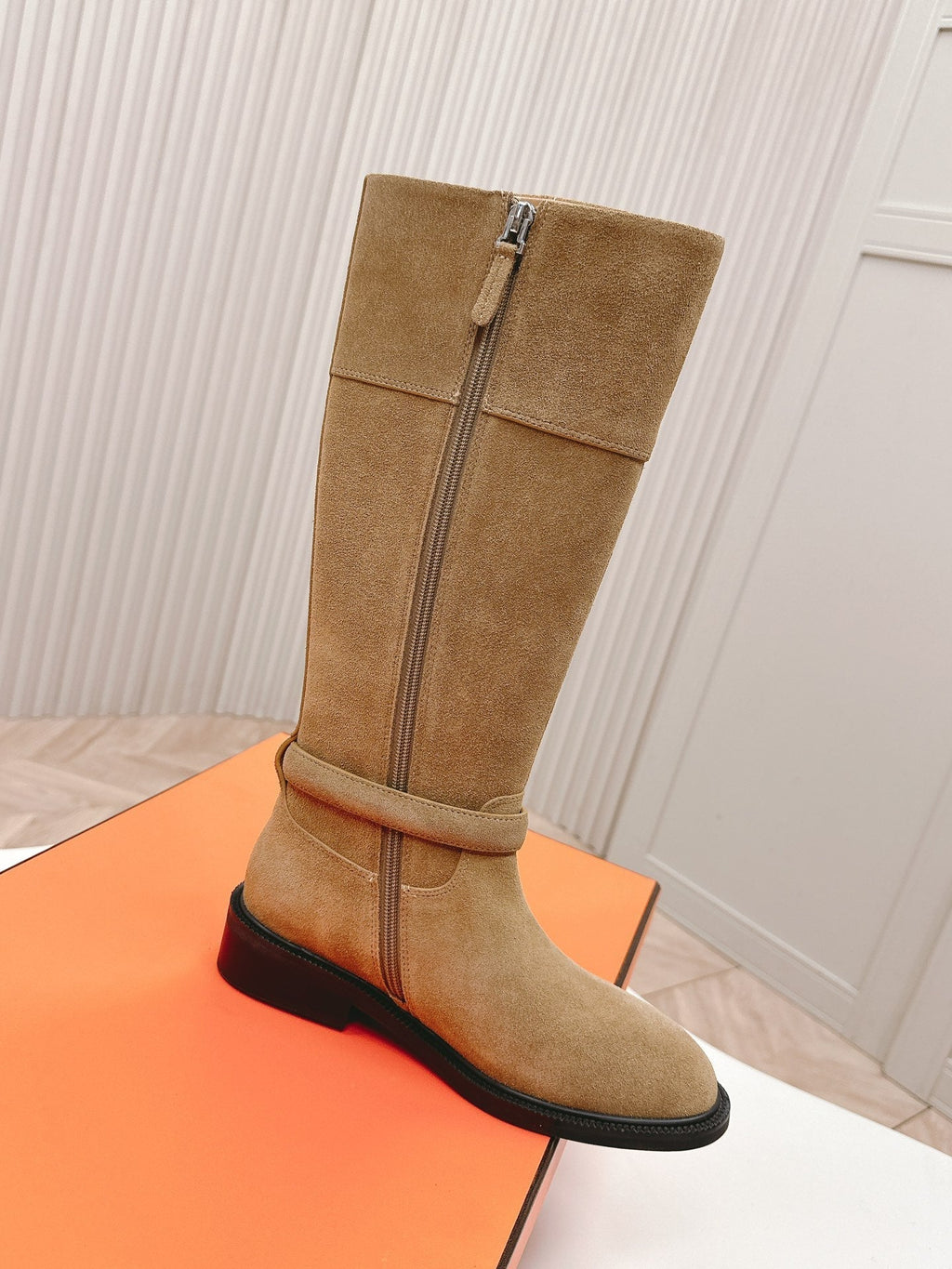 HERMES KNEE HIGH BOOTS IN CIDER BROWN SUEDE WITH SILVER BUCKLE