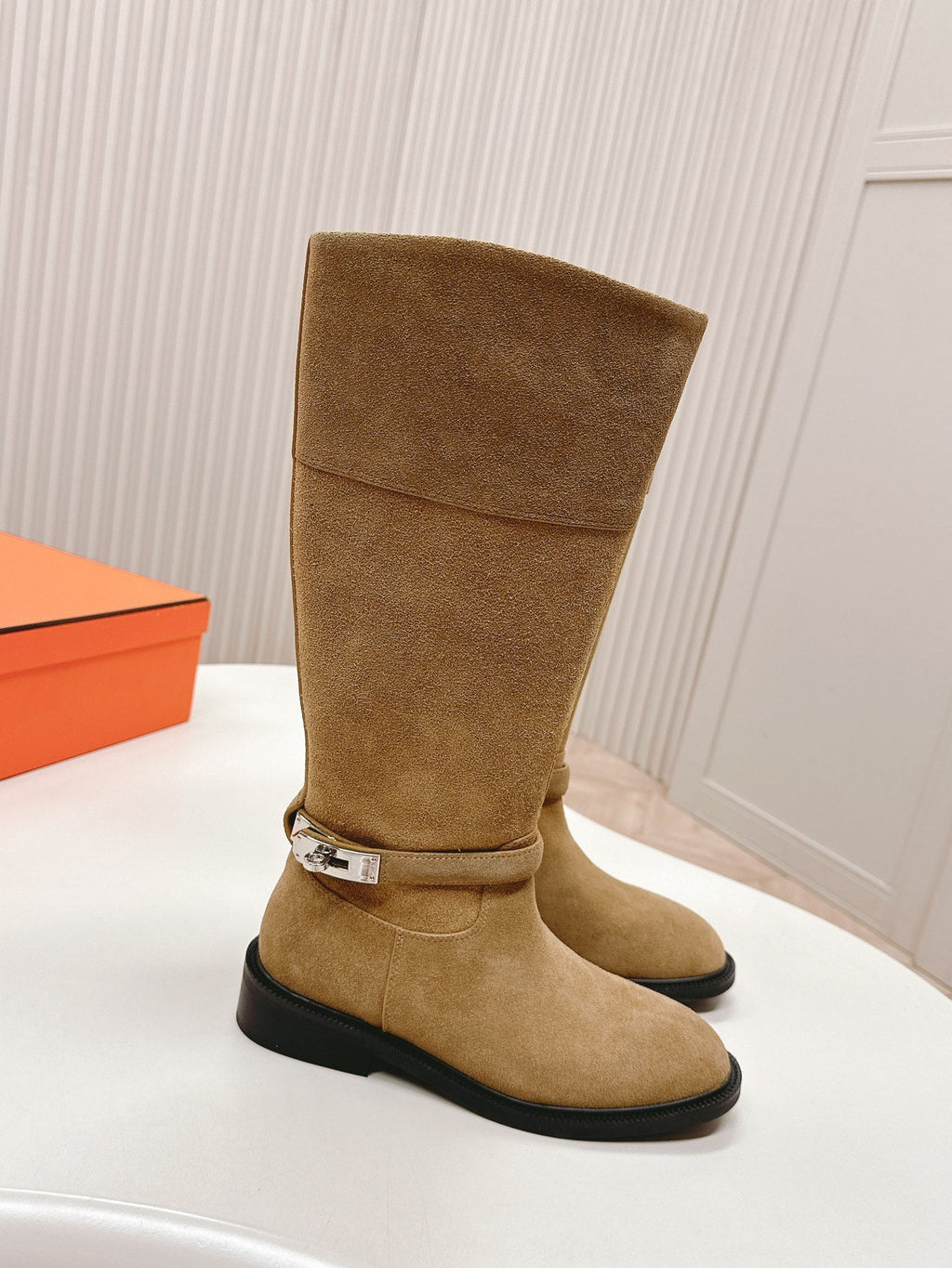 HERMES KNEE HIGH BOOTS IN CIDER BROWN SUEDE WITH SILVER BUCKLE