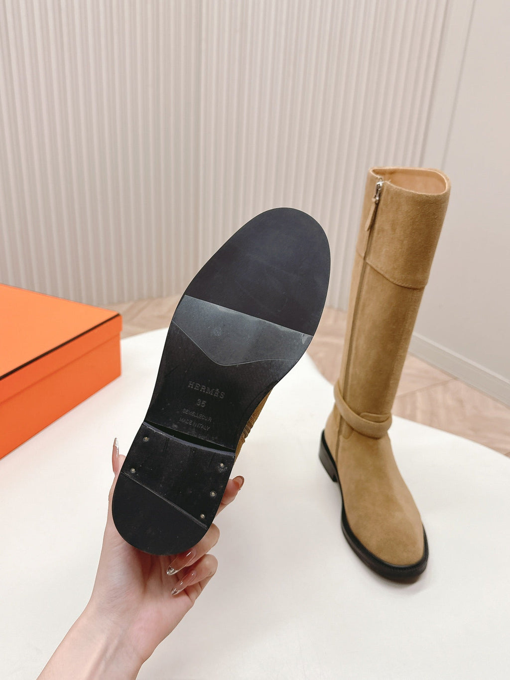 HERMES KNEE HIGH BOOTS IN CIDER BROWN SUEDE WITH SILVER BUCKLE