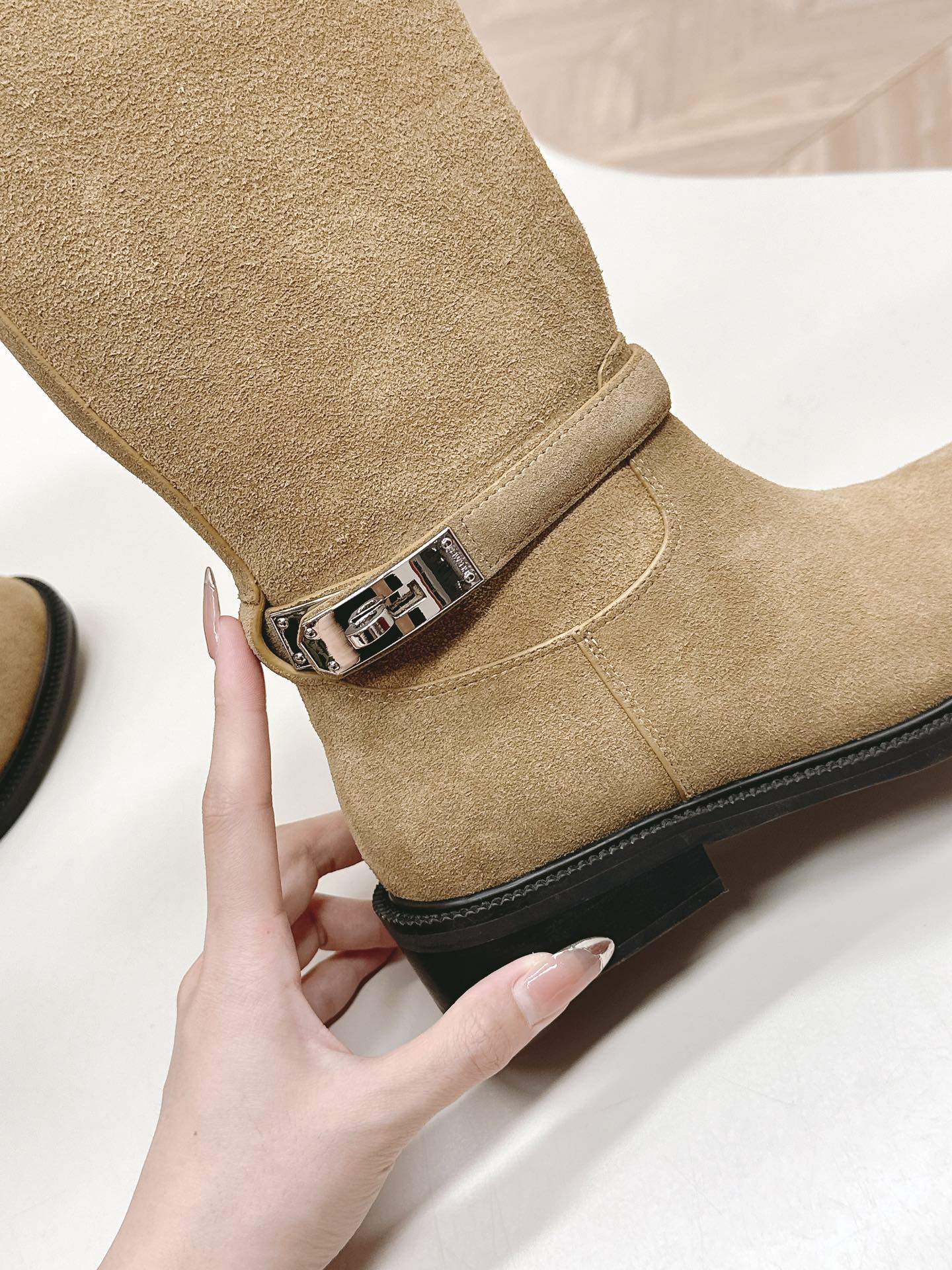 HERMES KNEE HIGH BOOTS IN CIDER BROWN SUEDE WITH SILVER BUCKLE