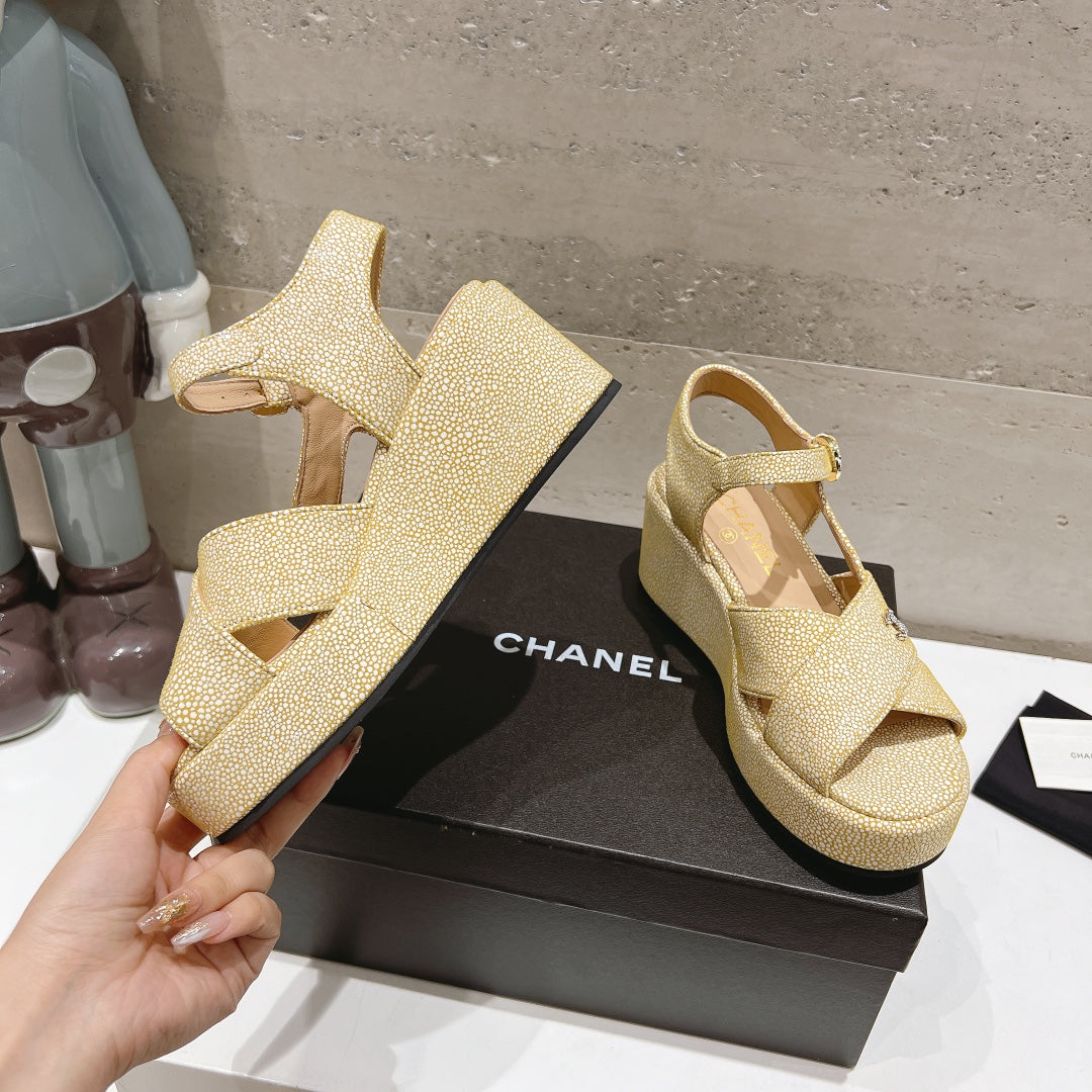 CHANEL Wedge Open-Toe High Heel Sandals Beige Cream Sheepskin