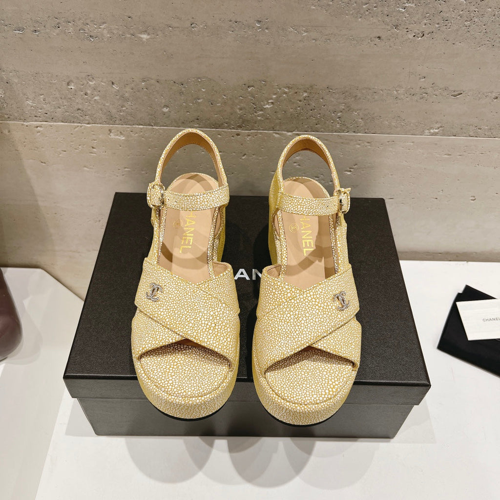 CHANEL Wedge Open-Toe High Heel Sandals Beige Cream Sheepskin