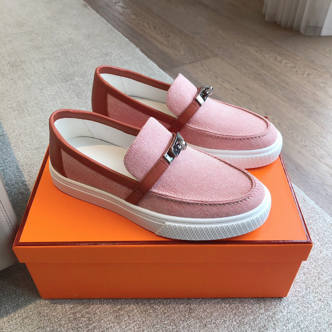 HERMES GAME SLIP-ON SNEAKER LIGHT PINK FABRIC AND CALFSKIN