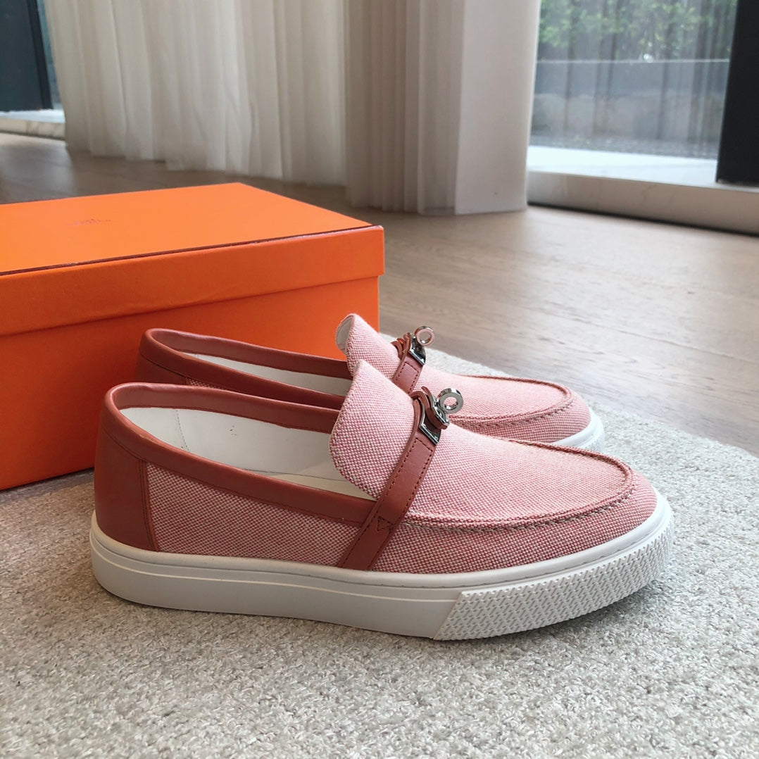 HERMES GAME SLIP-ON SNEAKER LIGHT PINK FABRIC AND CALFSKIN