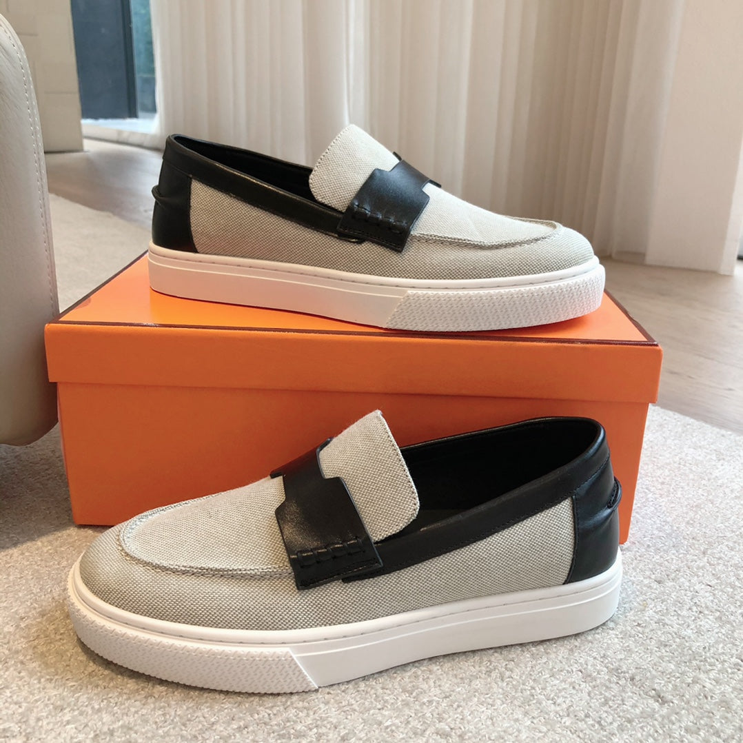 HERMES JOB LOAFER LIGHT GRAY MIX BLACK CALFSKIN