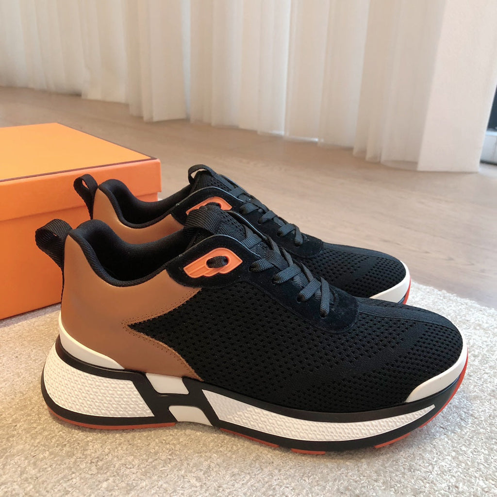 HERMES HEROS SNEAKER IN BLACK BREATHABLE MESH FABRIC AND BRONZE BROWN CALFSKIN