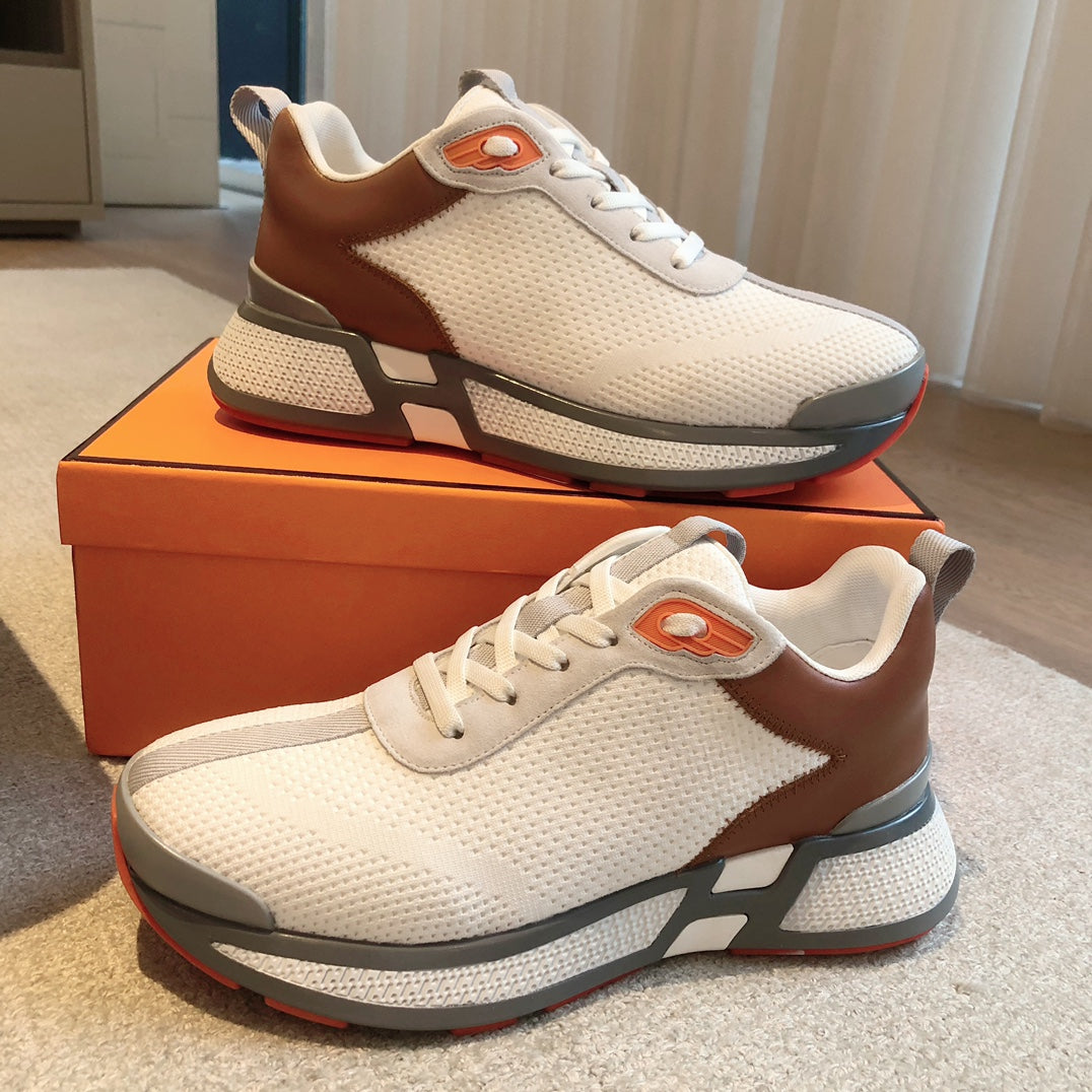 HERMES HEROS SNEAKER IN WHITE BREATHABLE MESH FABRIC AND BROWN CALFSKIN