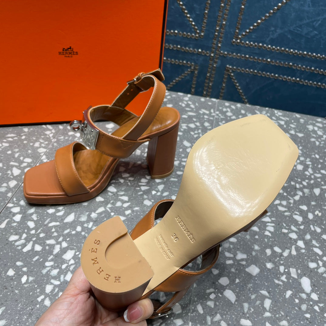 HERMES ILONA SANDAL 95 CARAMEL CALFSKIN