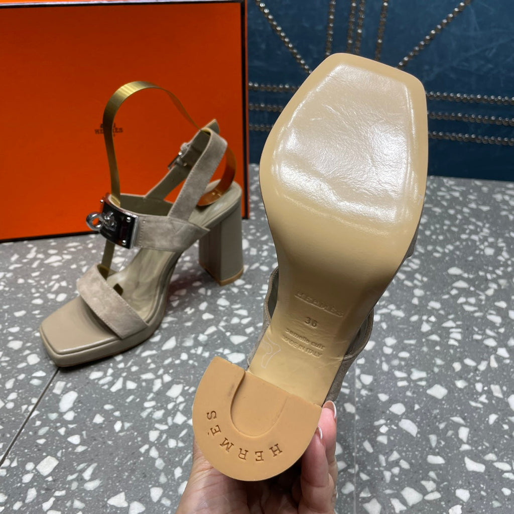 HERMES ILONA SANDAL 95 LIGHT GRAY SUEDE