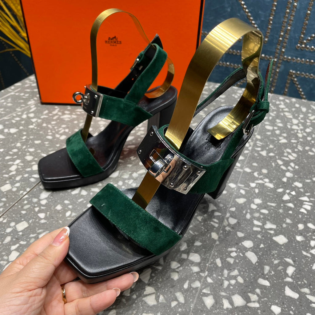 HERMES ILONA SANDAL 95 DARK GREEN SUEDE