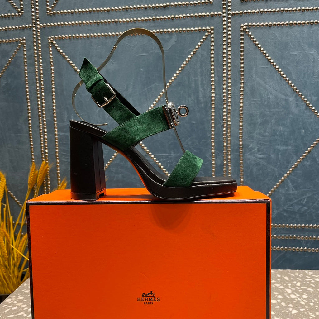 HERMES ILONA SANDAL 95 DARK GREEN SUEDE