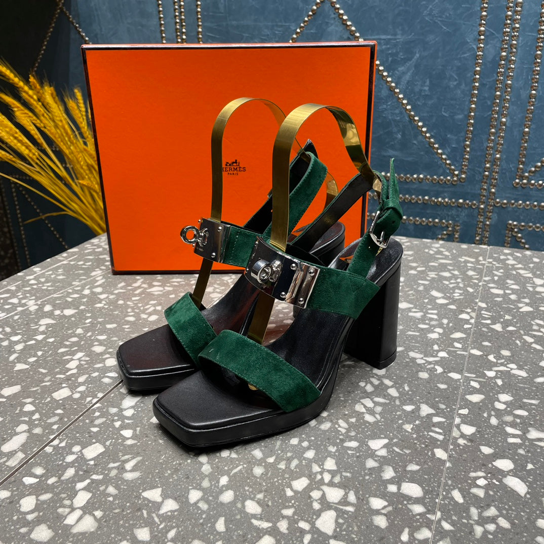 HERMES ILONA SANDAL 95 DARK GREEN SUEDE
