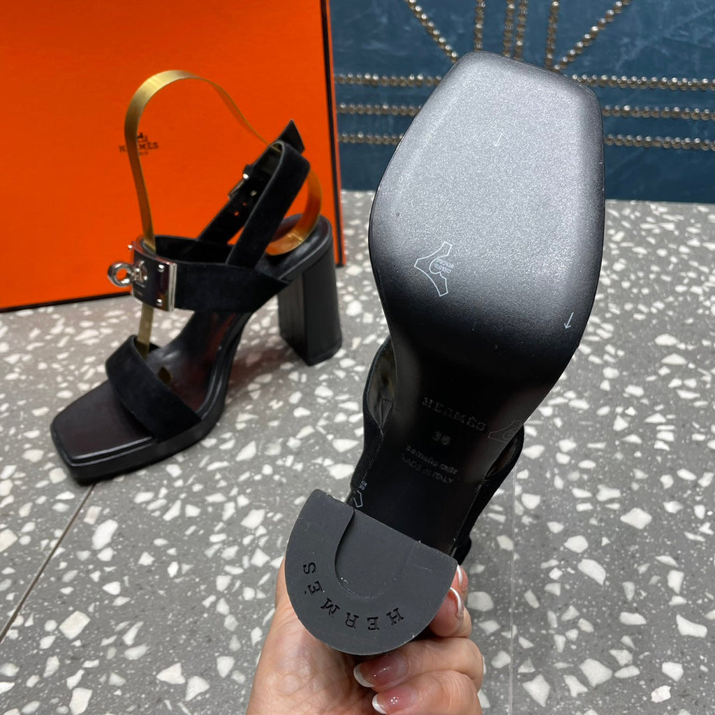 HERMES ILONA SANDAL 95 BLACK SUEDE