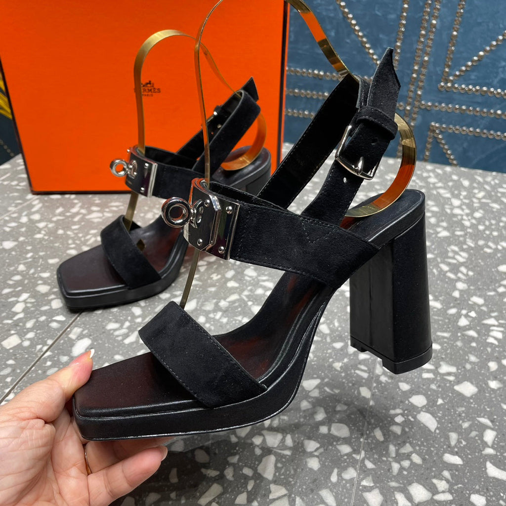 HERMES ILONA SANDAL 95 BLACK SUEDE