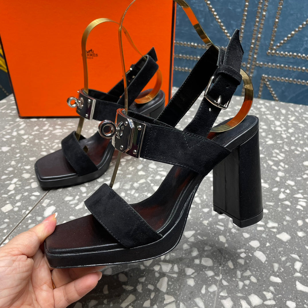HERMES ILONA SANDAL 95 BLACK SUEDE