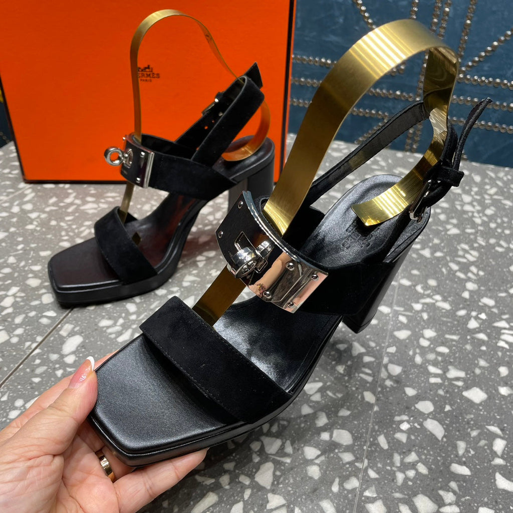 HERMES ILONA SANDAL 95 BLACK SUEDE