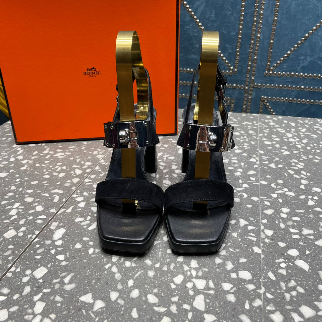 HERMES ILONA SANDAL 95 BLACK SUEDE
