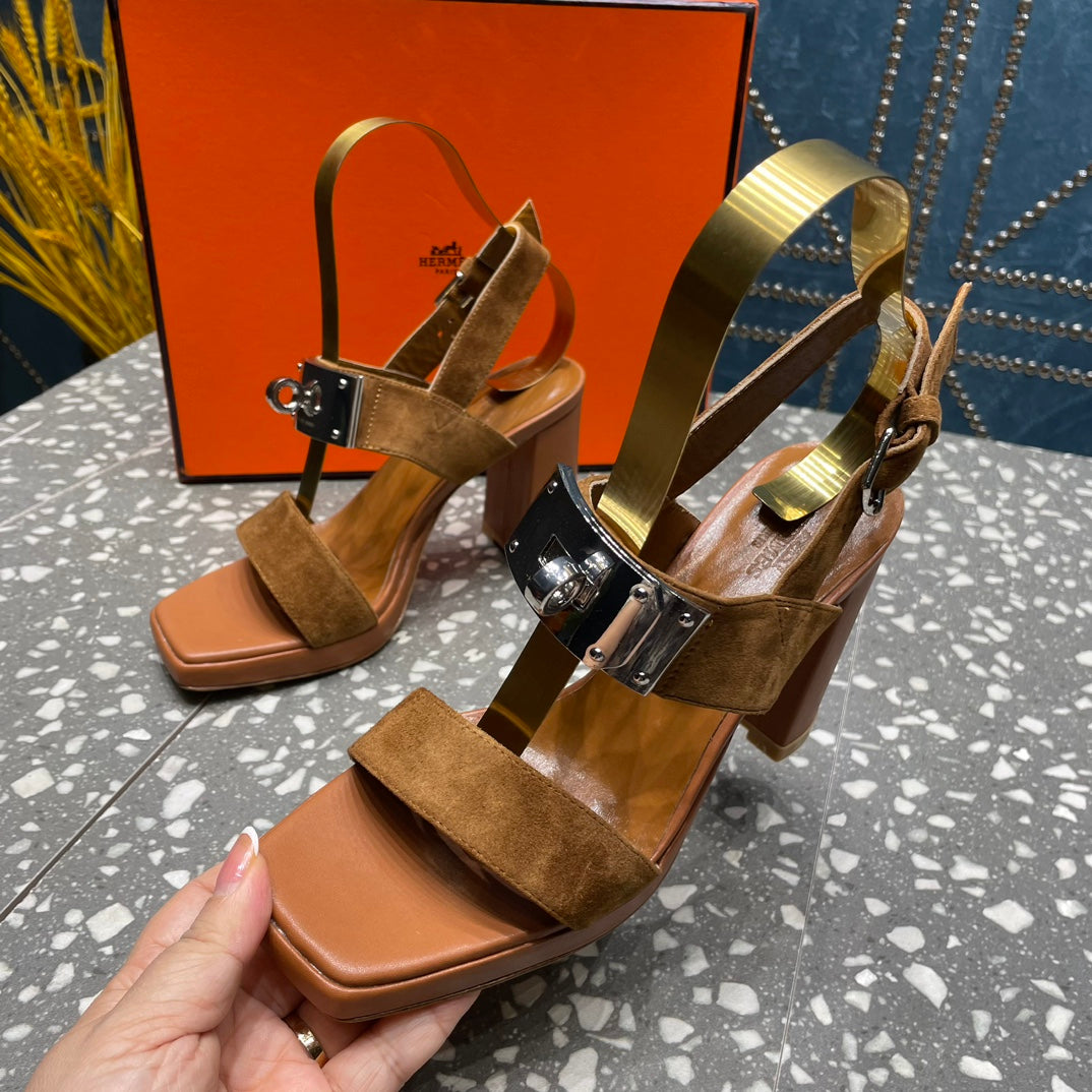 HERMES ILONA SANDAL 95 CARAMEL SUEDE