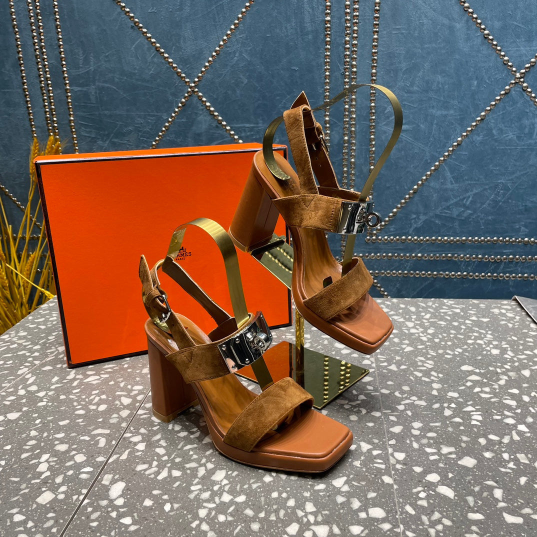 HERMES ILONA SANDAL 95 CARAMEL SUEDE