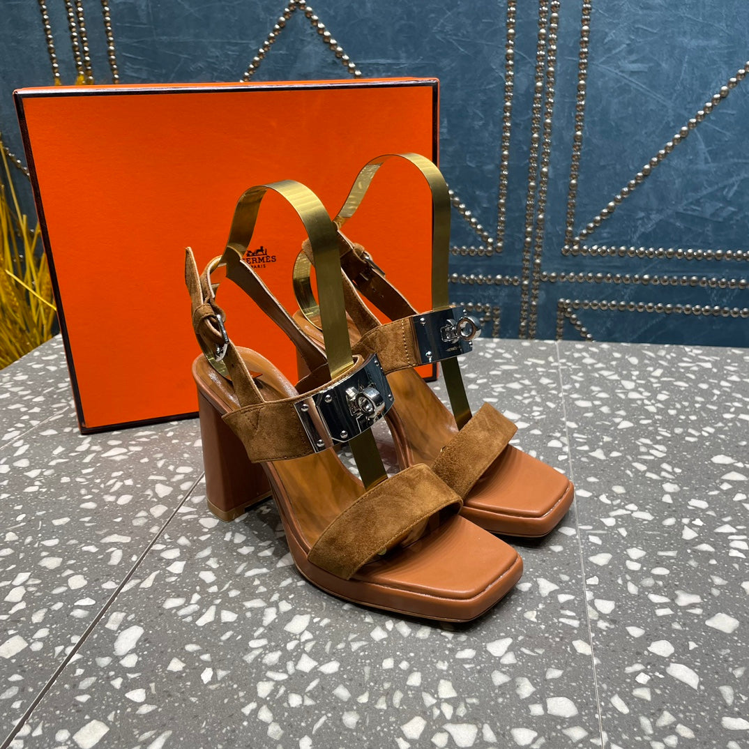 HERMES ILONA SANDAL 95 CARAMEL SUEDE