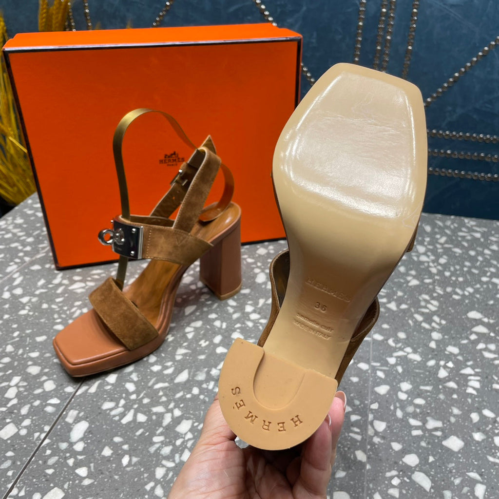 HERMES ILONA SANDAL 95 CARAMEL SUEDE