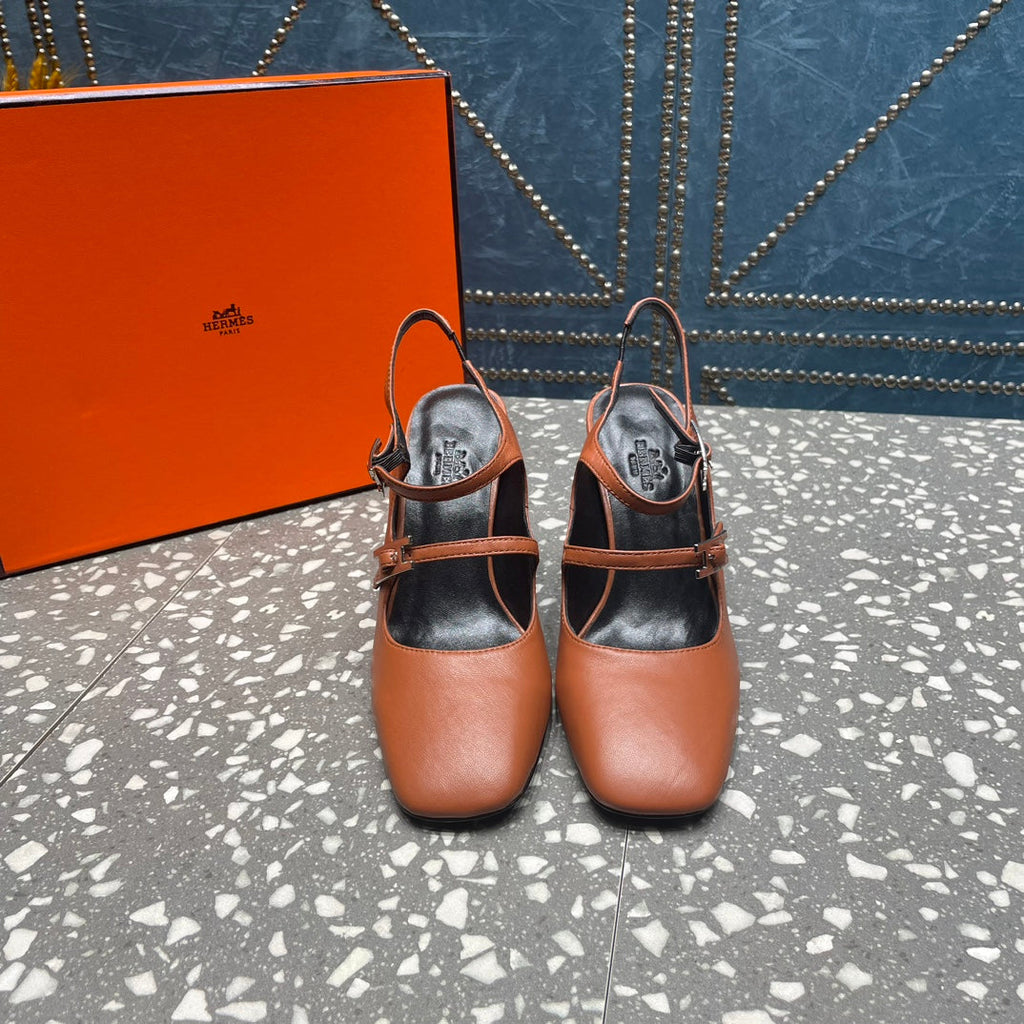 HERMES JACKIE 80 MM PUMP IN UMBER BROWN CALFSKIN