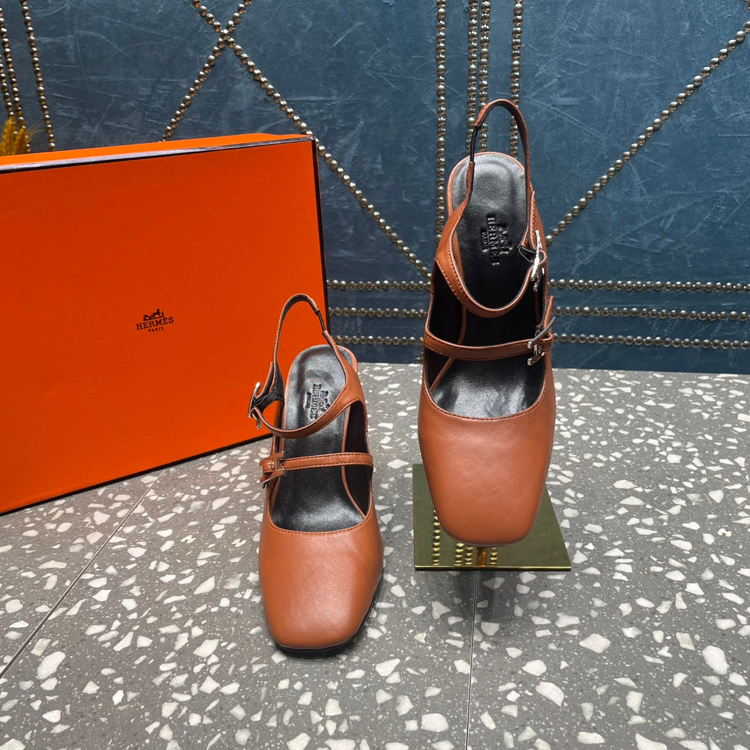 HERMES JACKIE 80 MM PUMP IN UMBER BROWN CALFSKIN