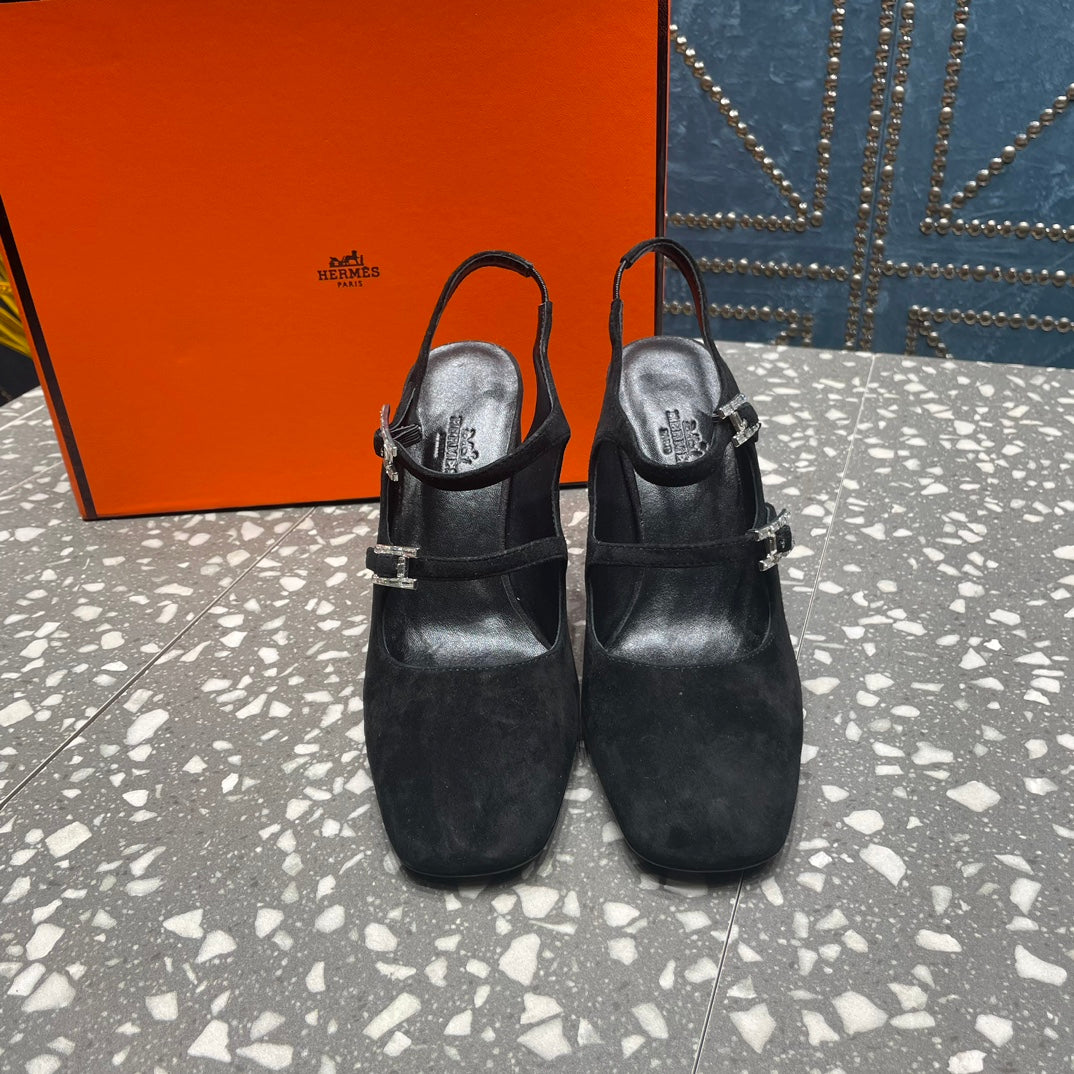 HERMES JACKIE 80 MM PUMP IN BLACK SUEDE