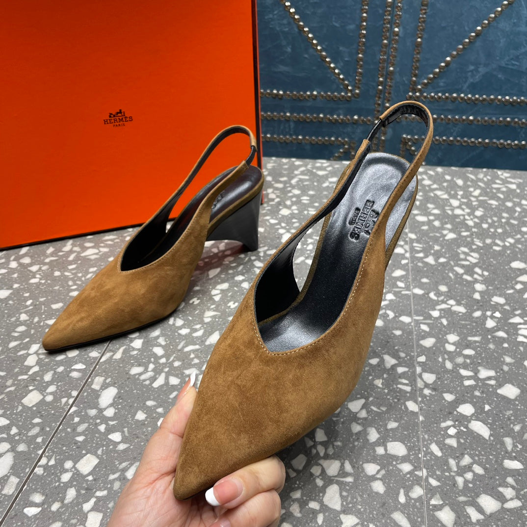 HERMES HIGH SLINGBACKS 7 CM IN CIDER BROWN SUEDE