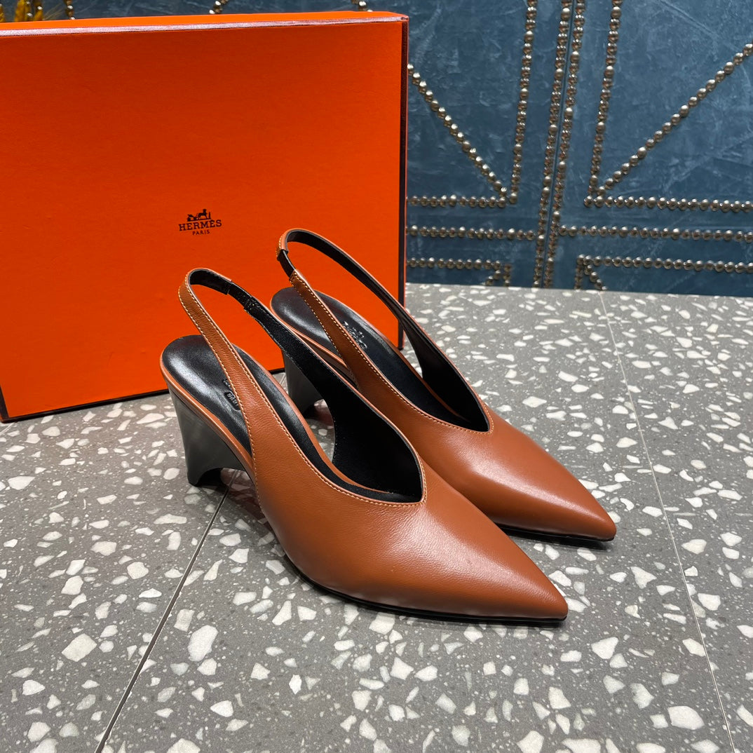 HERMES HIGH SLINGBACKS 7 CM IN UMBER BROWN SHEEPSKIN