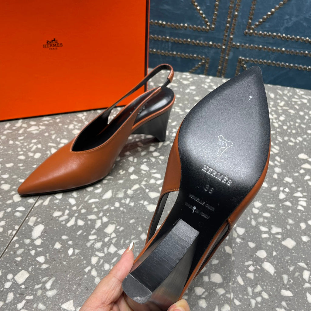 HERMES HIGH SLINGBACKS 7 CM IN UMBER BROWN SHEEPSKIN
